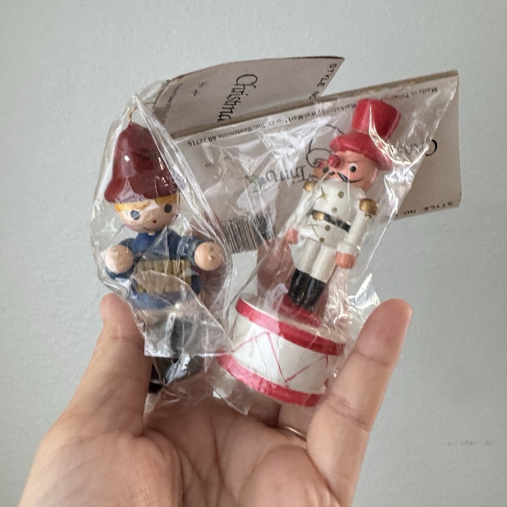 Vintage Set of 2 Holiday Trim A Tree Wood Christmasβ Ornament Toy Soldier NOS